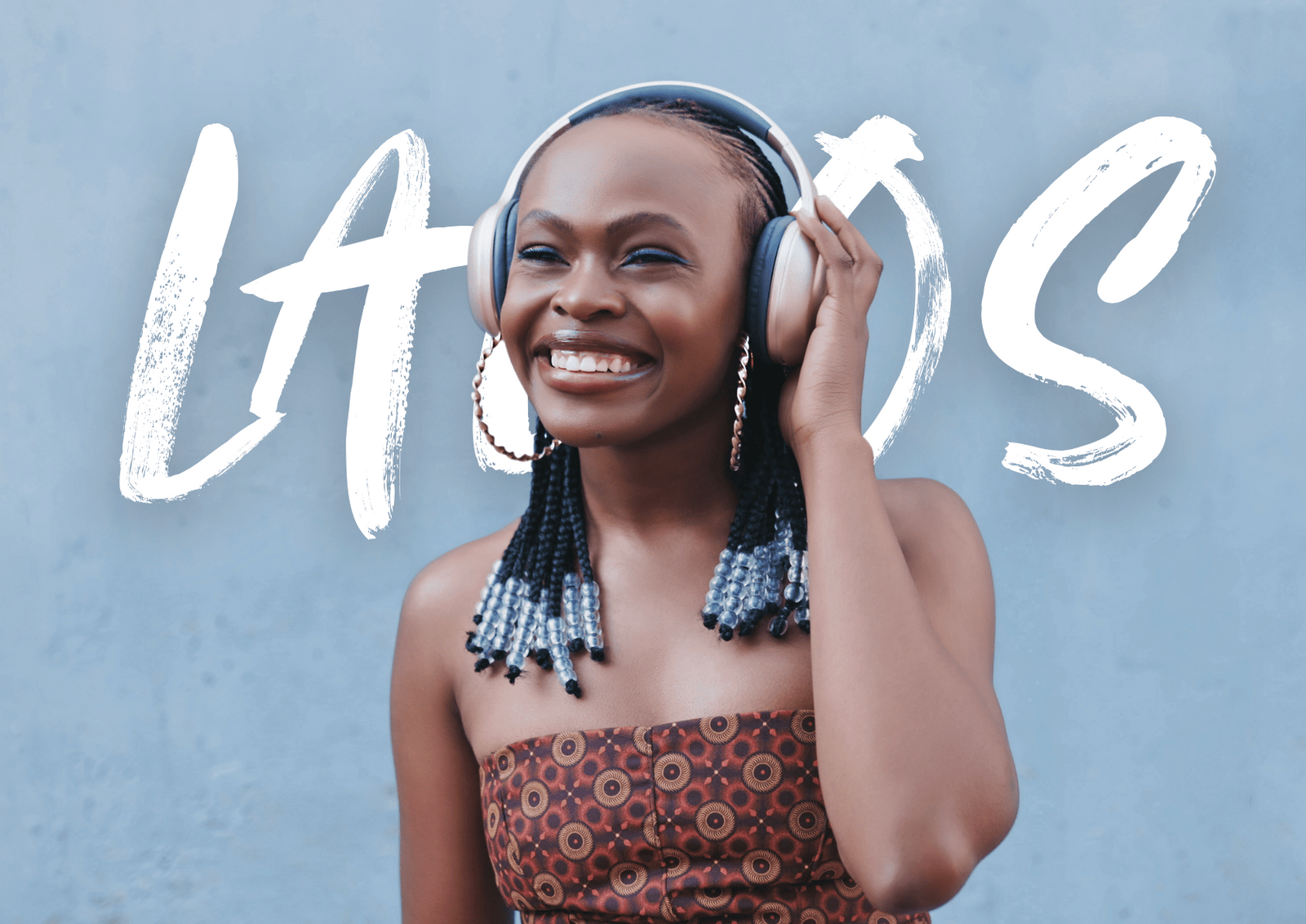 Afrobeat spirit in Lagos an Afro woman in headphones, lost in rhythm that moves the city.