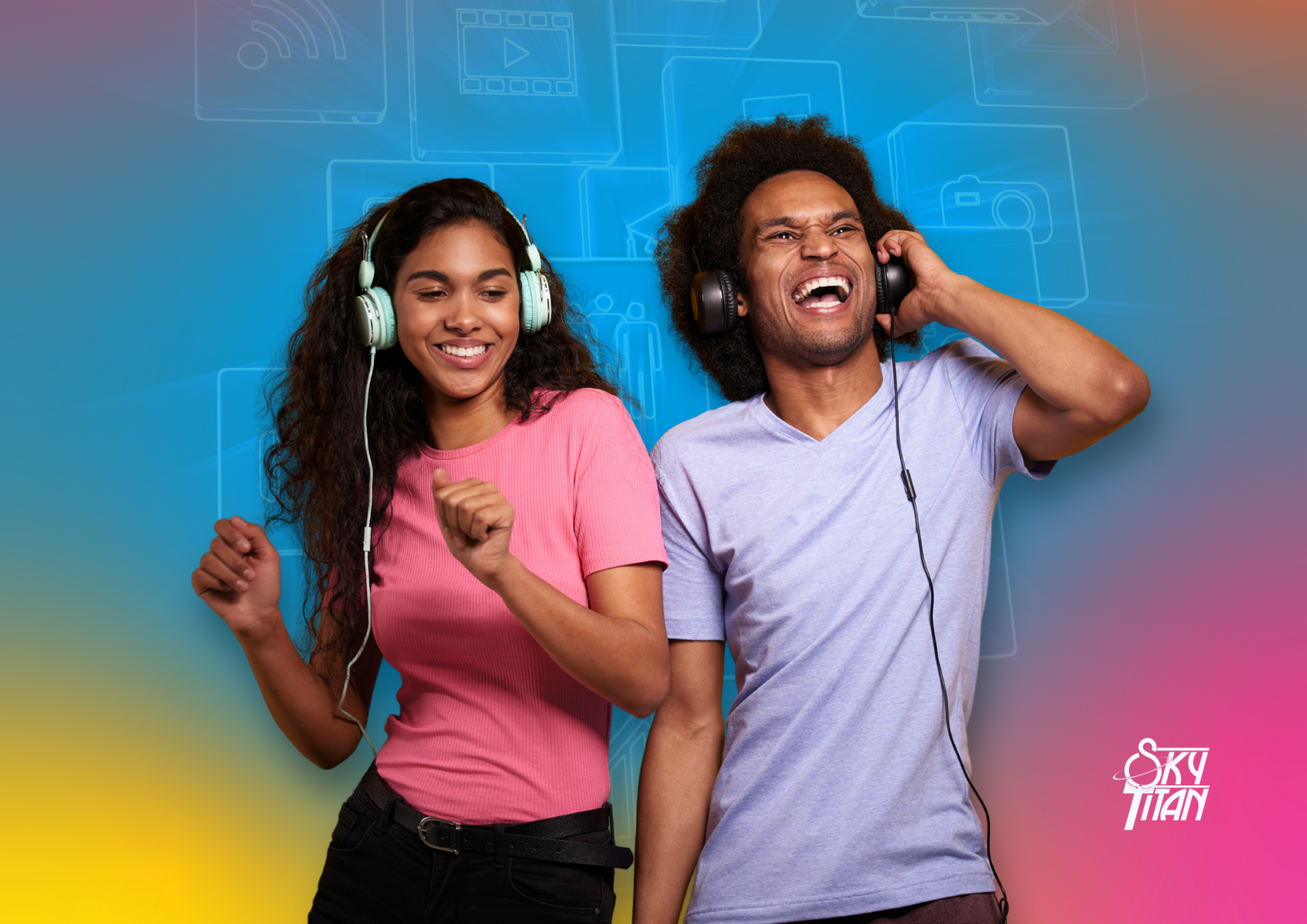 Two people enjoying music with headphones