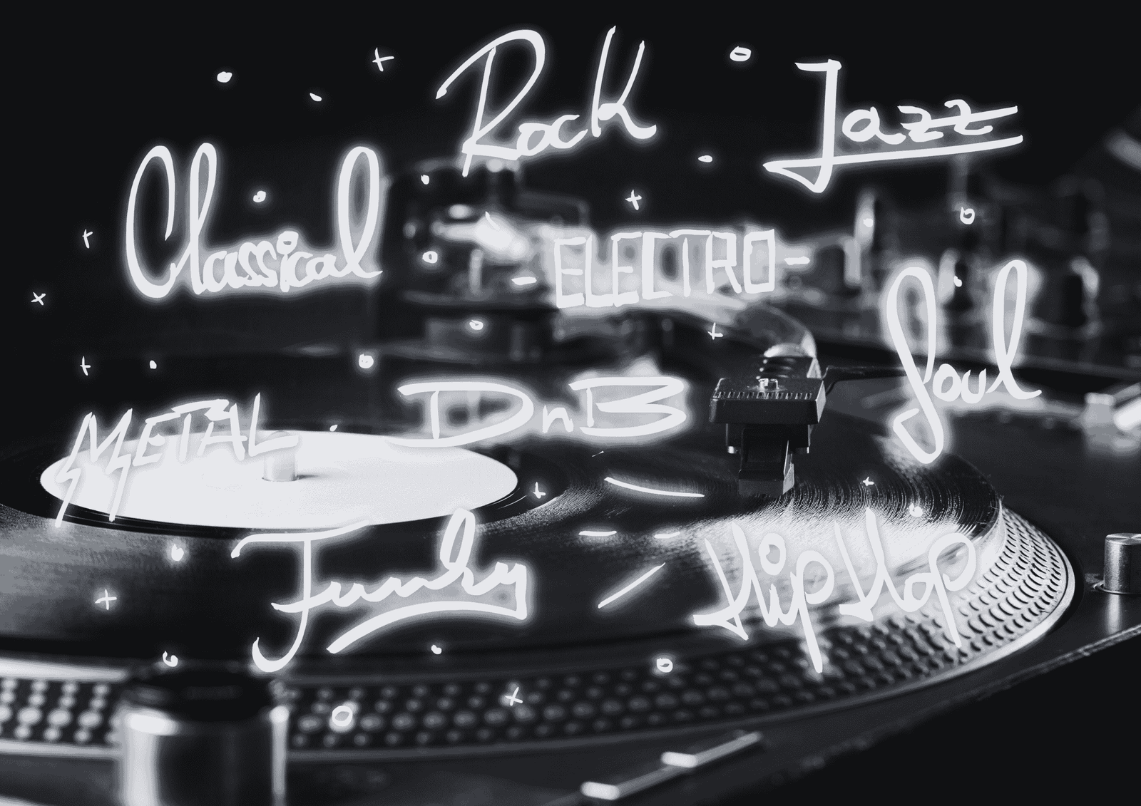 Turntable with glowing handwritten genre names like Rock, Jazz, Hip Hop, and Classical