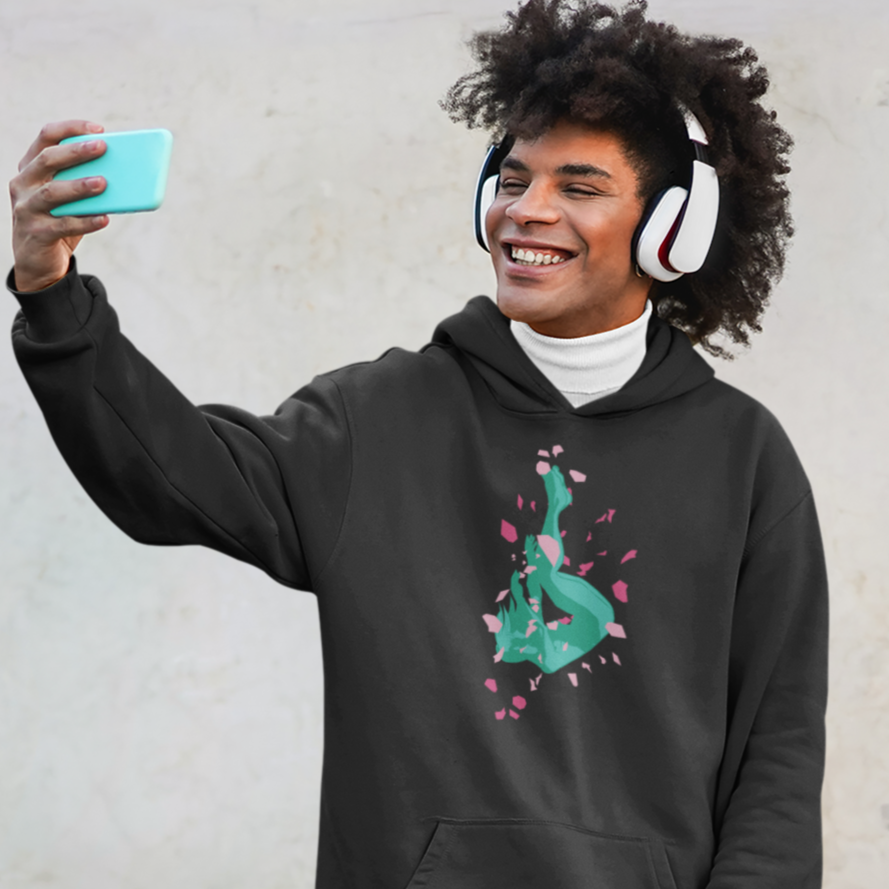 A man with headphones taking a selfie wearing his Cory Cory Forever Falling Remix Hoodie design in the color black.