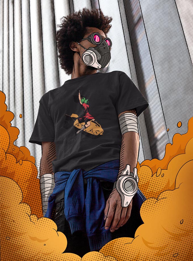 An anime comic style man wearing a futuristic mask and wearing a Strings of Atlas Bomber girl tee shirt