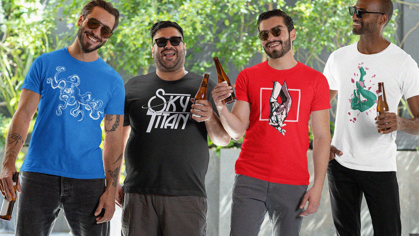 4 friends at the new years party wearing sky titan clothing