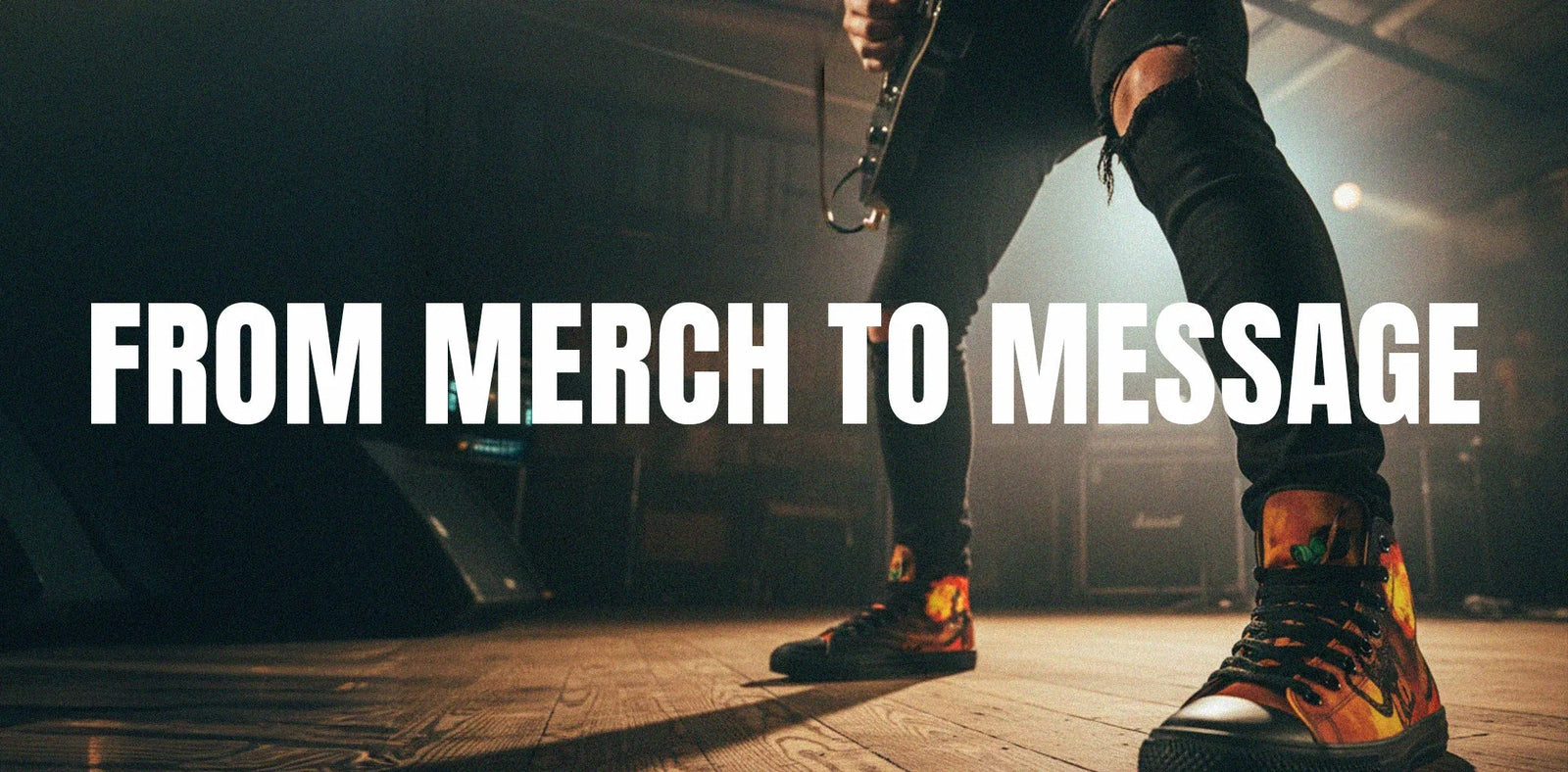 A rock musician wearing a pair of Bomber girl hightop sneakers