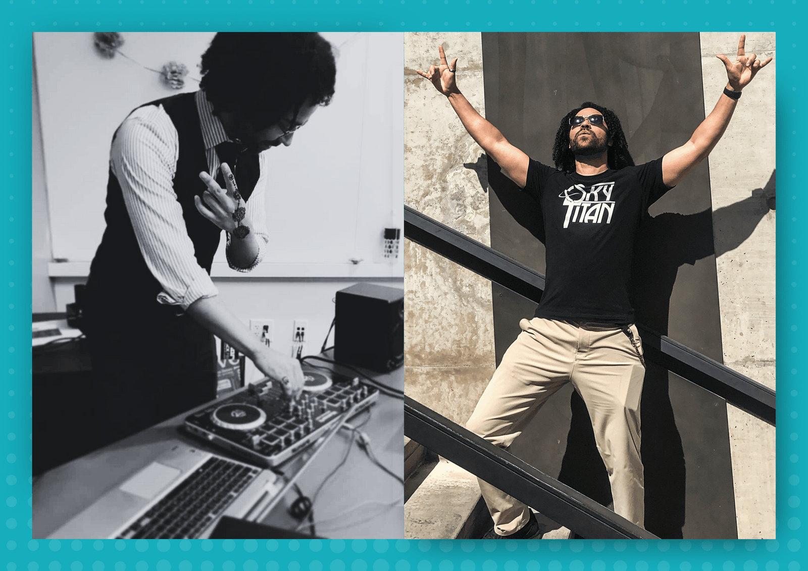 Split image of Atlas, founder of Sky Titan Media. On the left, DJing at a turntable in a black-and-white shot, and on the right, standing in Austin wearing a Sky Titan t-shirt, arms raised in a triumphant pose.