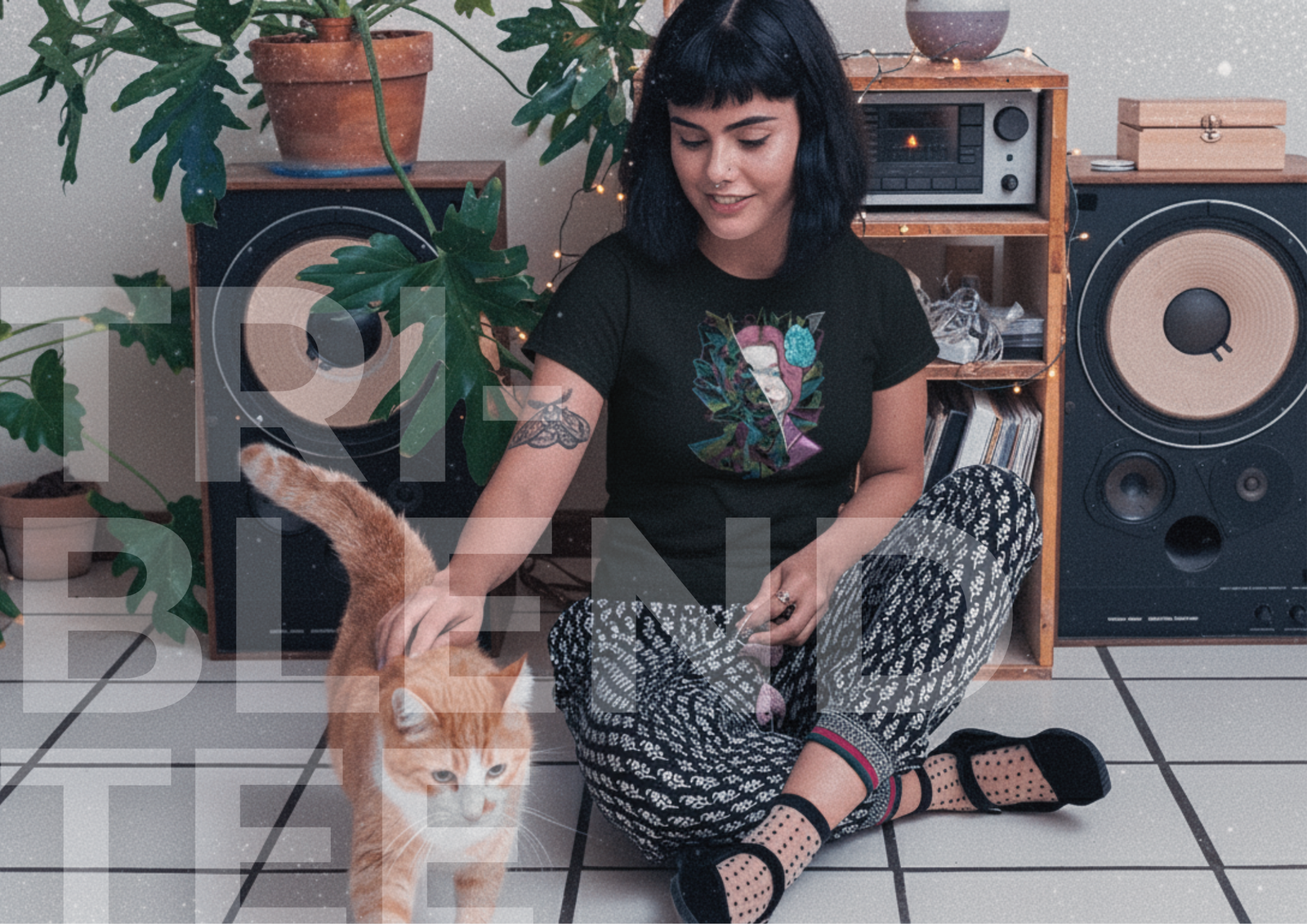 Woman wearing sky titan fractured tri blend tee