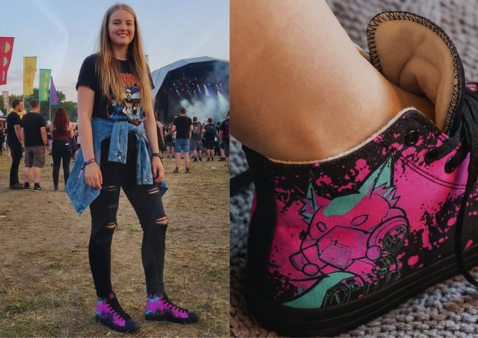 Woman wearing Cybercat high-top sneakers at an outdoor music festival.