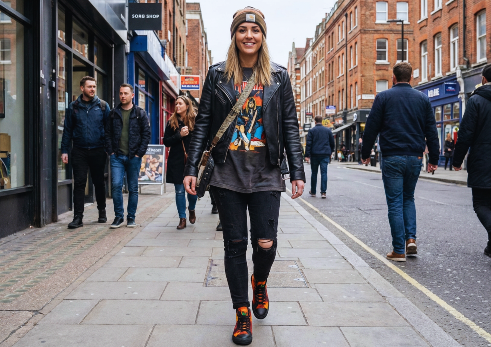 Canvas high top sneakers with bomber girl design worn casually with jeans and jacket for everyday walking and city wear