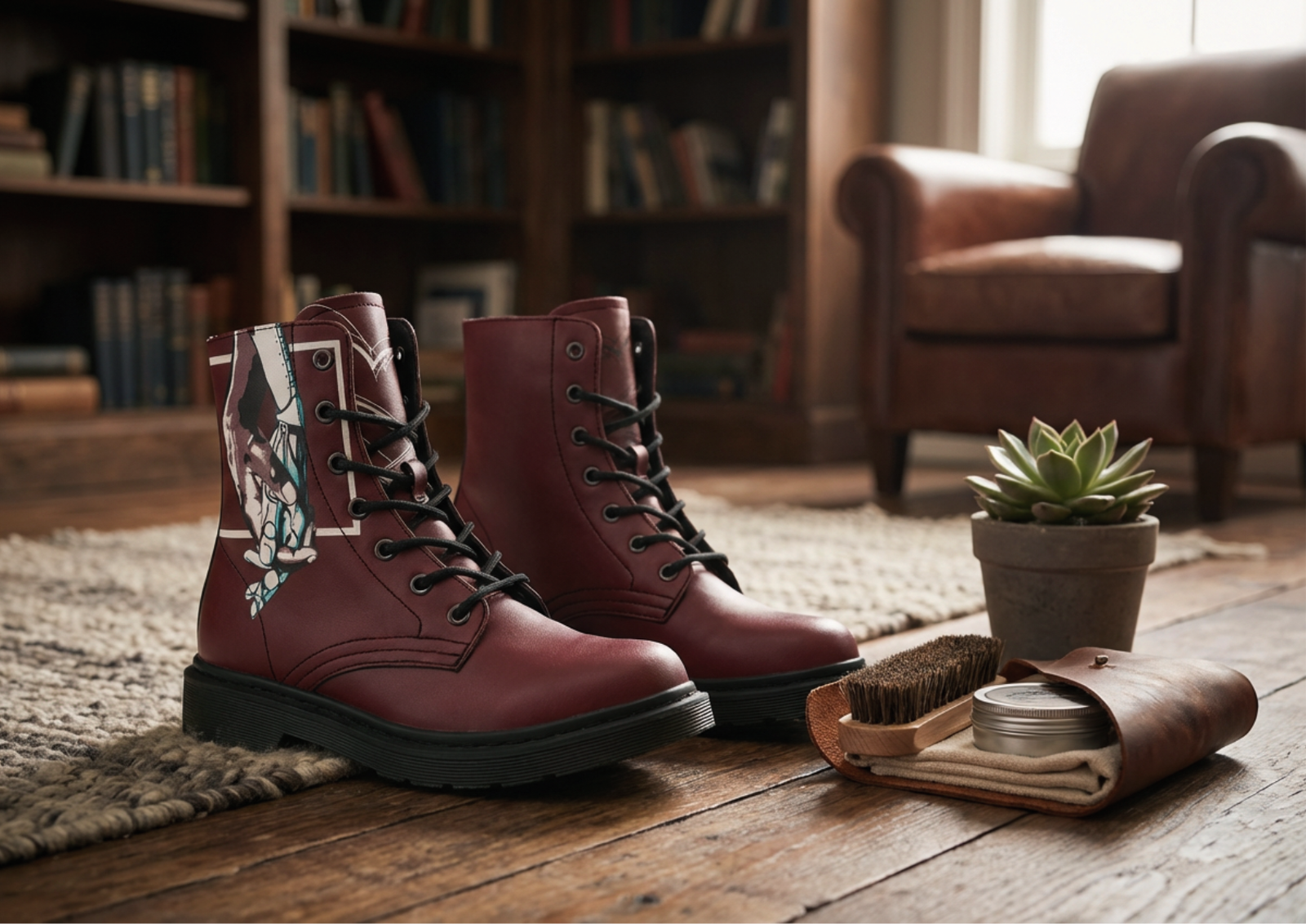 Pair of Sky Titan July boots with graphic side panels placed on a wooden floor in a cozy living room setting, styled with a shoe care kit.