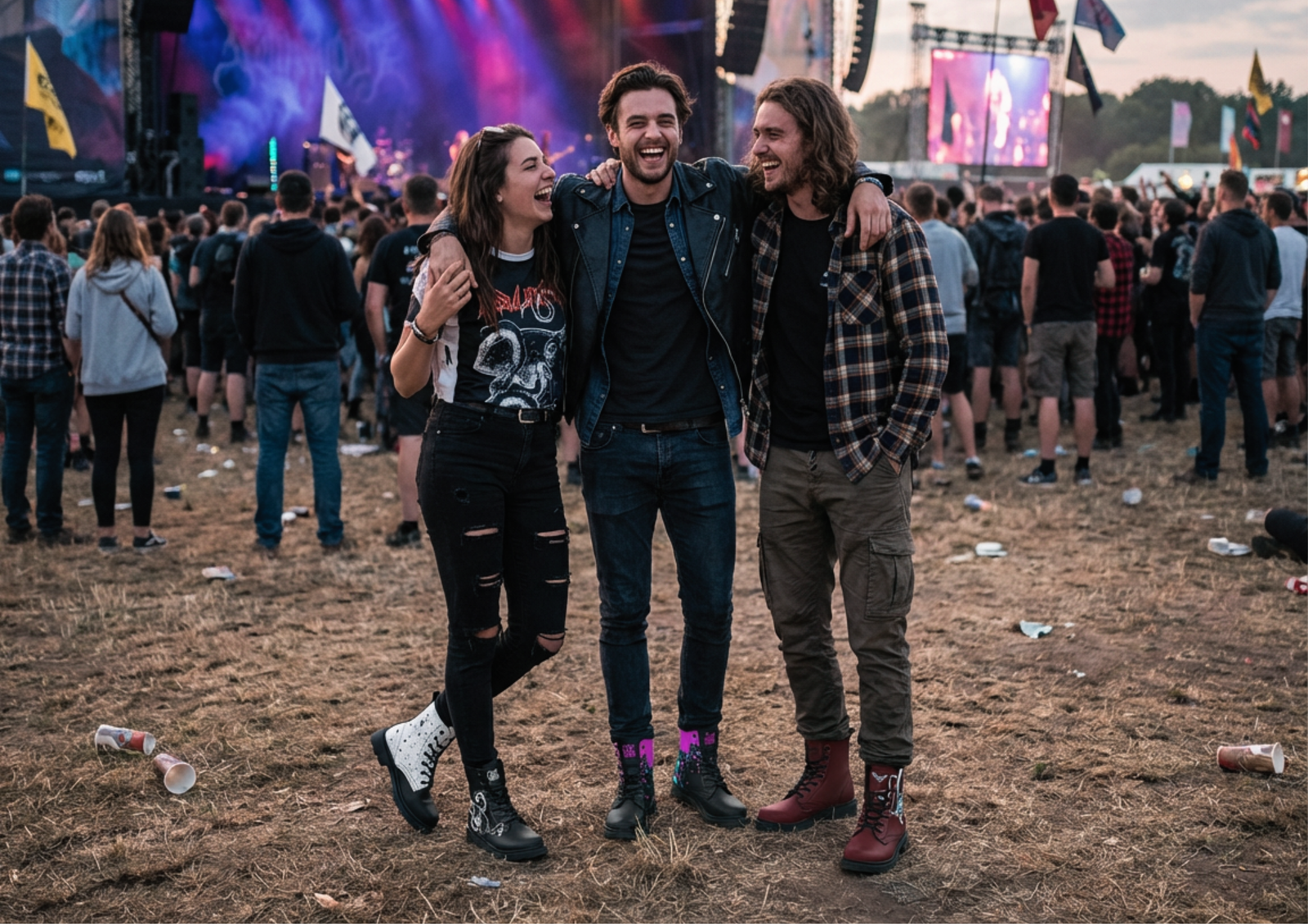 Three friends laughing with arms around each other at an outdoor music festival, wearing Sky Titan goth combat boots
