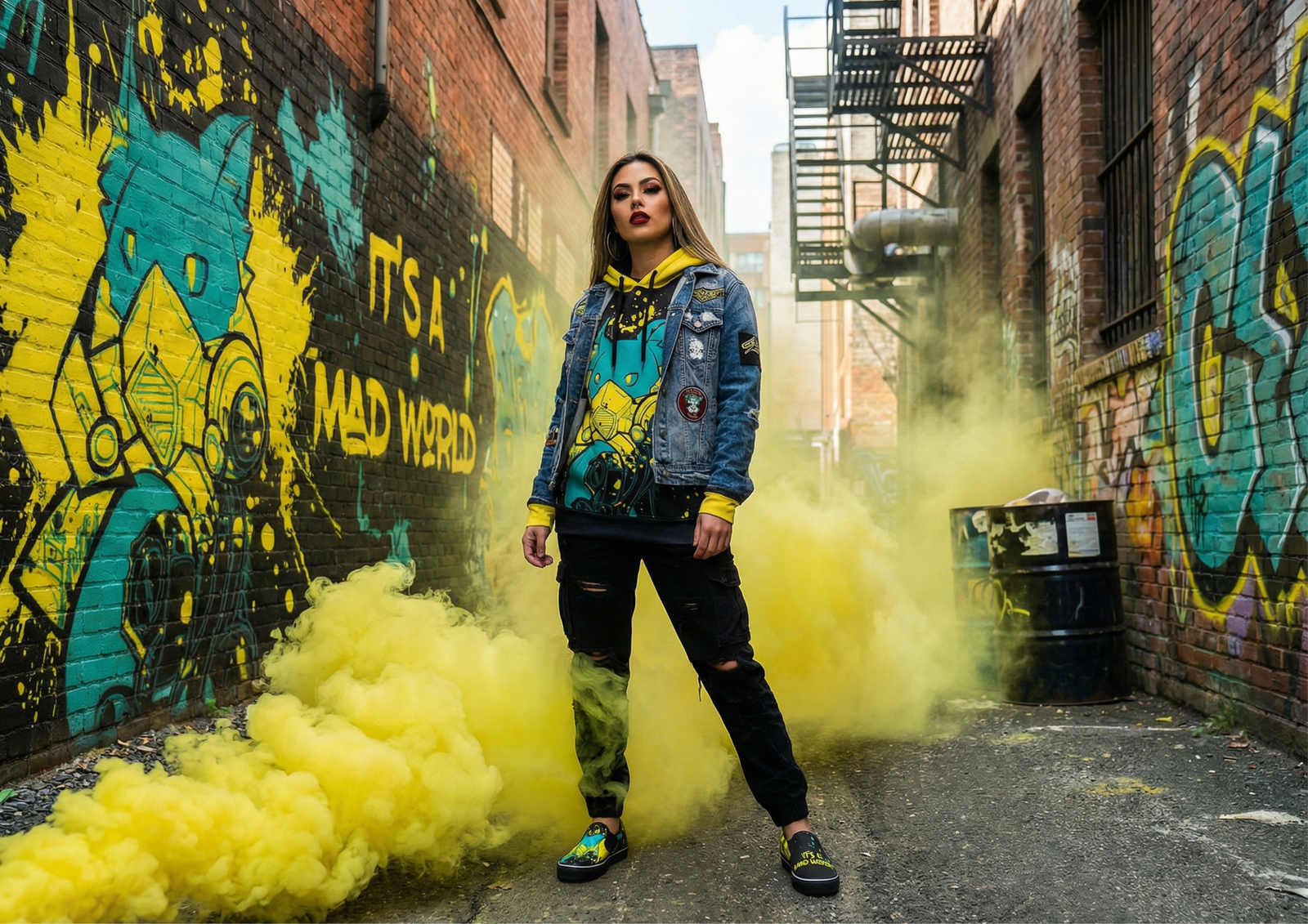 Woman standing confidently in a graffiti-lined alley filled with yellow smoke, wearing Cybercat graphic slip-on sneakers