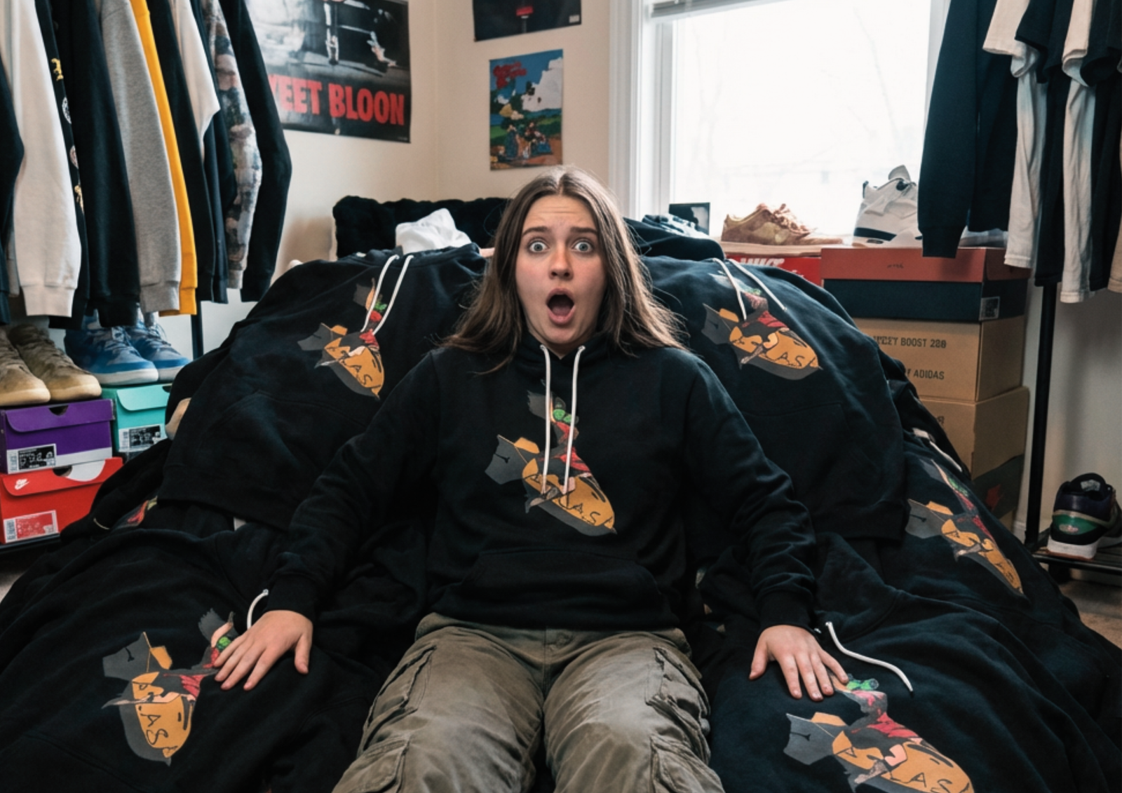 Person sitting on a pile of black streetwear graphic hoodies in a bedroom surrounded by clothing racks posters and sneaker boxes