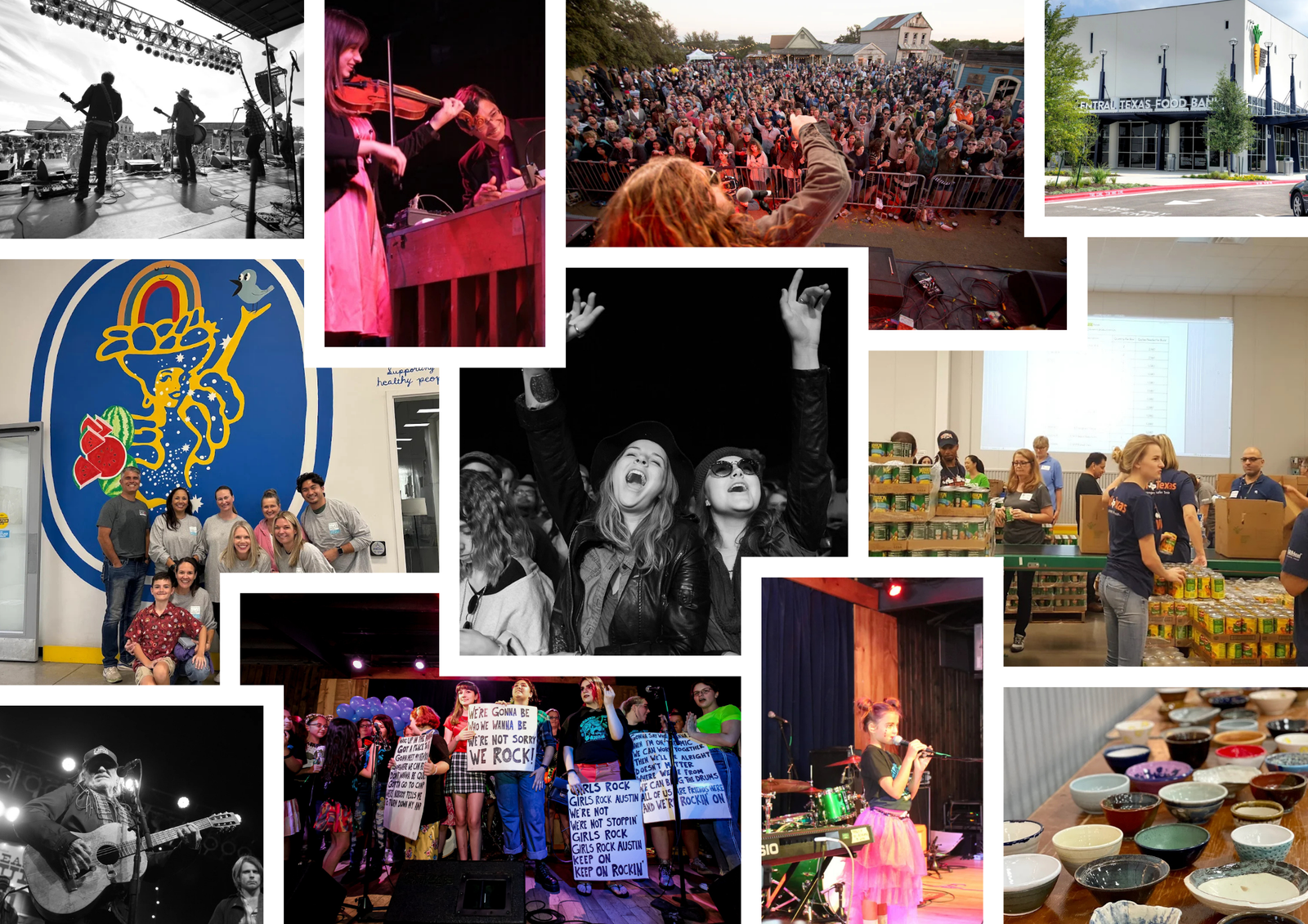 A collage of concerts, volunteers, and community events highlighting Girls Rock Austin, the SIMS Foundation, and Central Texas Food Bank’s impact through music and service.