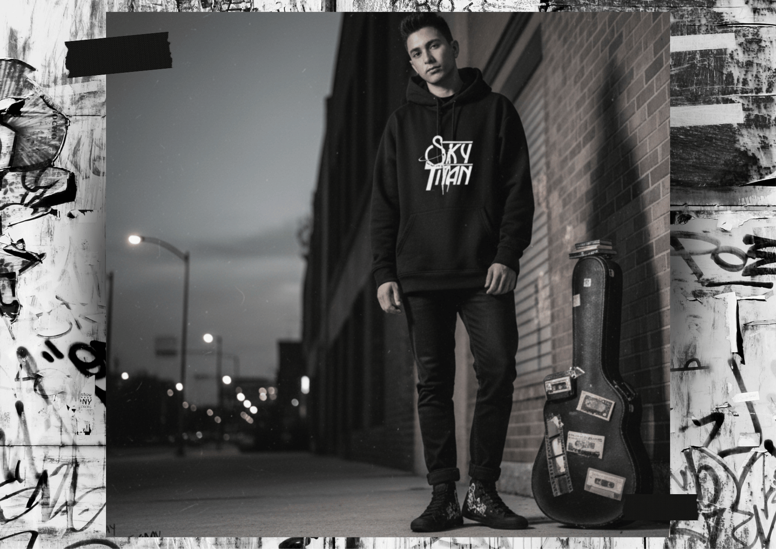 Musician in a black monochrome outfit wearing a Sky Titan hoodie, standing on a city street beside a guitar case