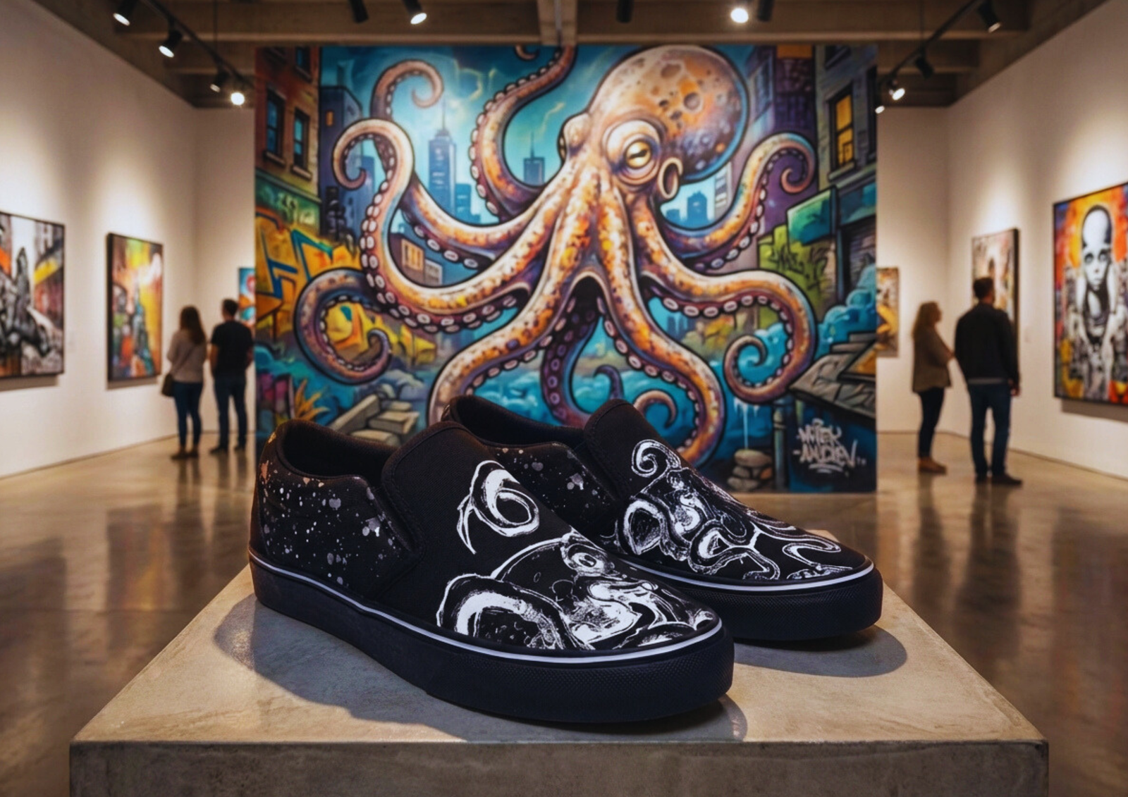 Pair of black octopus graphic slip-on sneakers displayed on a gallery pedestal