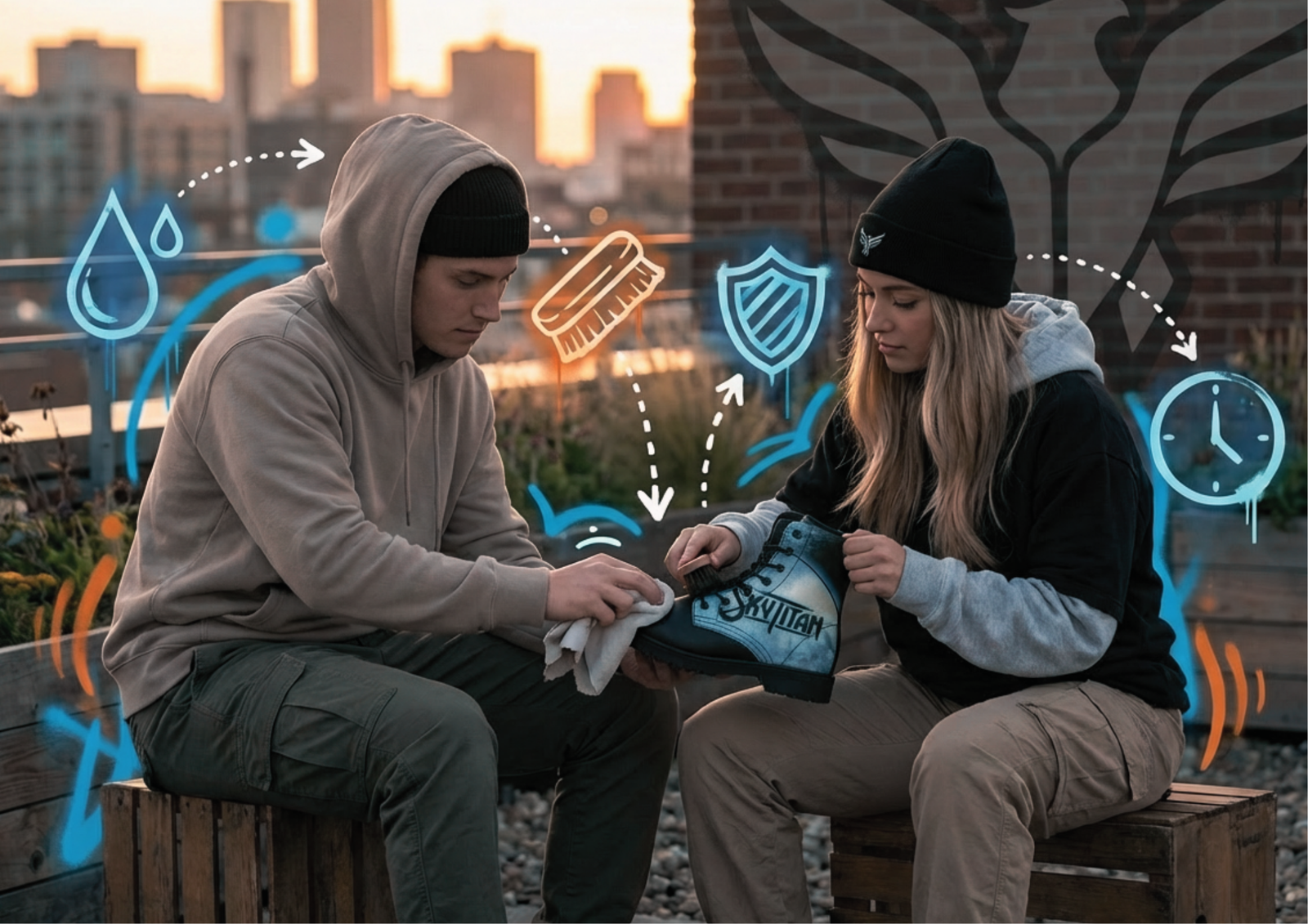 Two people sitting outdoors at sunset cleaning and caring for a Sky Titan boot