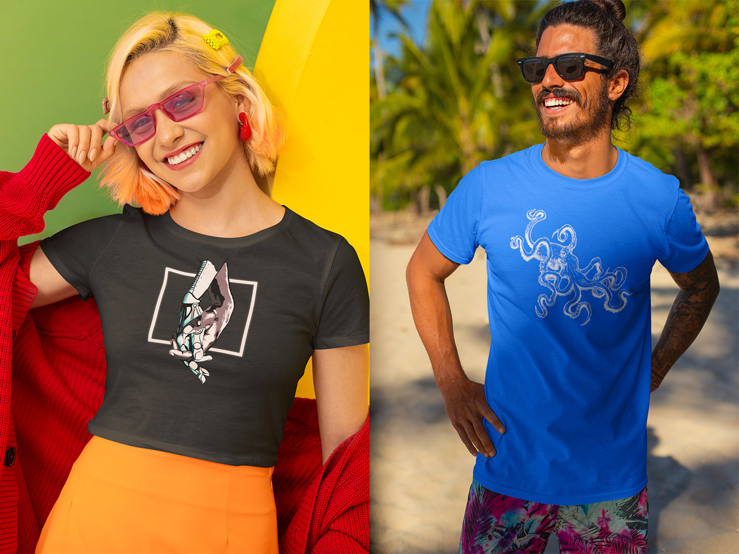 A man and woman wearing sky titan clothing. The woman is wearing a black crop top with the Holding the future design and the man is wearing a blue octopus tee