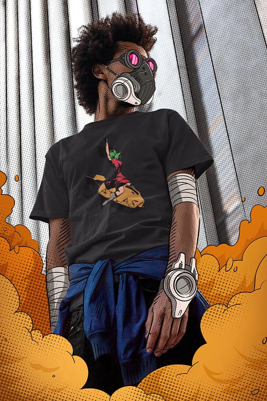 An anime comic style man wearing a futuristic mask and wearing a Strings of Atlas Bomber girl tee shirt