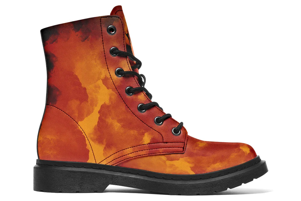 Black lace-up boot featuring a full red-orange smoke texture covering the entire inner side of the left boot. No illustration appears on this panel — just the fiery gradient canvas framed by black laces, stitching, and matte black outsole. — Bomber Girl design by Sky Titan Media, combining vintage military-inspired art with edgy, music-fueled streetwear flair.