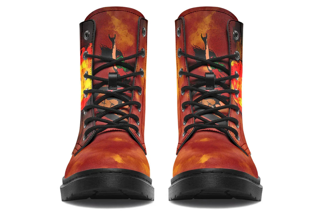 Black lace-up boots featuring full lacing up the front with black metal eyelets and rounded black laces. The red-orange smoke texture intensifies toward the toe, while Bomber Girl illustrations are printed on both tongues — adding a hidden retro-style graphic pop when viewed from the front. A rugged silhouette meets layered visual storytelling. — Bomber Girl design by Sky Titan Media, combining vintage military-inspired art with edgy, music-fueled streetwear flair.