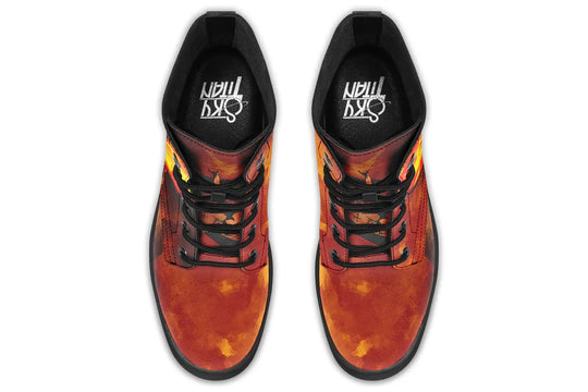 Black lace-up boots featuring a gradient smoke texture flowing from heel to toe in shades of deep orange and red. Black laces crisscross the vamp area, and Sky Titan branding is printed on the insole. No visible figure from this angle — just bold color and clean top-line construction. — Bomber Girl design by Sky Titan Media, combining vintage military-inspired art with edgy, music-fueled streetwear flair.