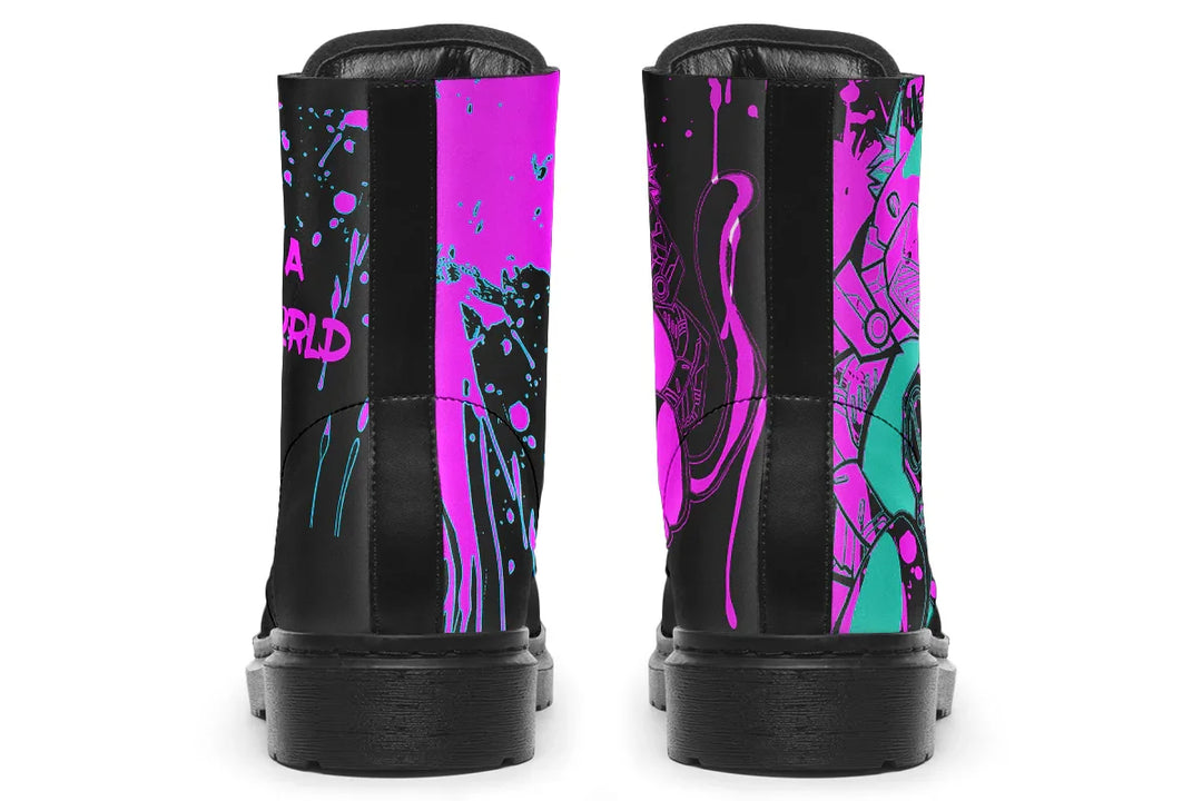 Black lace-up boots with striking pink neon cyber cat artwork on the sides – Cyber Cat Pink Edition by Sky Titan Media, blending fierce futuristic style with bold, music-driven streetwear attitude. From the back, both boots form a larger graphic narrative. Teal and pink cat linework stretch across the heel panels like a digital mural in motion. Even the seams contribute to the visual continuity, anchoring the design in symmetry and power.