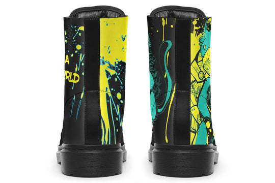 Black lace-up boots with electrifying yellow cyber cat artwork on the sides – Cyber Cat Yellow Edition by Sky Titan Media, fusing futuristic rebellion with bold, music-charged streetwear energy.
The rear view pulls both sides into unity. Yellow energy travels across heel panels, like light breaking from speakers. Raw but cohesive—style that doesn’t ask for attention, it demands it.