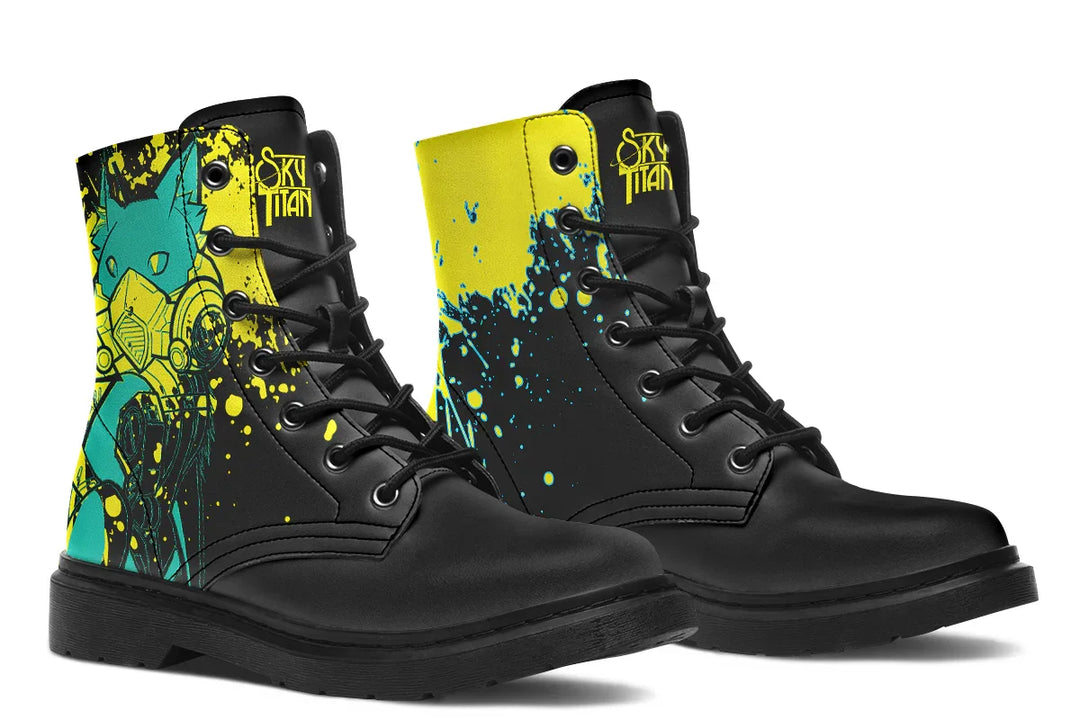 Black lace-up boots with electrifying yellow cyber cat artwork on the sides – Cyber Cat Yellow Edition by Sky Titan Media, fusing futuristic rebellion with bold, music-charged streetwear energy.
This angle captures the full vision: yellow energy coils through both boots, balancing precision with chaos. The cat icon dominates one boot while raw paint textures explode on the other—mirroring rebellion and rhythm.