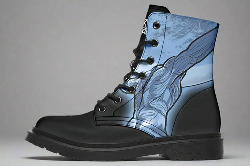 Black lace-up boot featuring a detailed comic-style Atlas in blue tones on the outer side, shown bearing the weight of the sky. Rugged canvas and black metal hardware enhance the graphic intensity. — Skybound design by Sky Titan Media, merging mythological strength with rugged, music-inspired streetwear style.