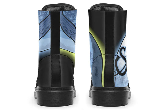 Rear view of the Skybound boots with stitched rear panels and wraparound canvas design. Atlas’s strength and the moon’s calm meet at the heel, tied together with structural symmetry and celestial grit. — Skybound design by Sky Titan Media, merging mythological strength with rugged, music-inspired streetwear style.