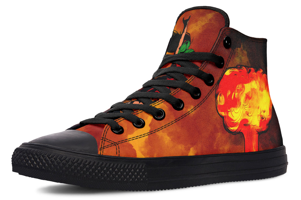 Black high-top canvas sneaker featuring an explosive red-orange smoke blast across the outer side. The graphic texture adds dynamic energy and contrast, set against black canvas and finished with a black rubber midsole and black toe cap. — Bomber Girl design by Sky Titan Media, combining vintage military-inspired art with edgy, music-fueled streetwear flair.
