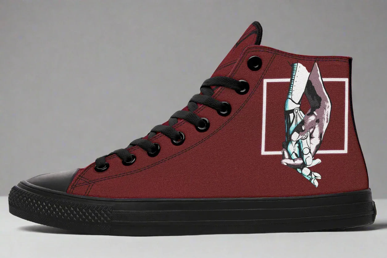 Studio side shot of the “July” high-top sneaker by Sky Titan Media, capturing the full artwork of white-outlined hands reaching across a deep red canvas framed in clean geometry, with solid black soles grounding its emotional resonance.