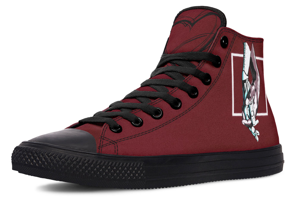 Side shot of the “July” high-top sneaker by Sky Titan Media, capturing the full artwork of white-outlined hands reaching across a deep red canvas framed in clean geometry, with solid black soles grounding its emotional resonance.