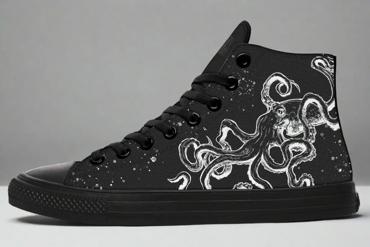 Studio-lit side profile of the Octopus Blackout sneaker by Sky Titan Media, showcasing bold white octopus linework spiraling across a black canvas upper—fusing deep-sea symbolism with clean, confident indie fashion design.
