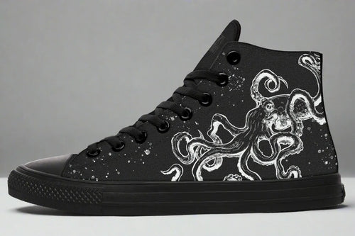 Studio-lit side profile of the Octopus Blackout sneaker by Sky Titan Media, showcasing bold white octopus linework spiraling across a black canvas upper—fusing deep-sea symbolism with clean, confident indie fashion design.