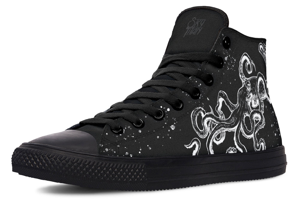 Side profile of the Octopus Blackout sneaker by Sky Titan Media, showcasing bold white octopus linework spiraling across a black canvas upper—fusing deep-sea symbolism with clean, confident indie fashion design.