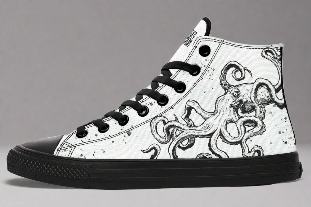 Studio-lit side view of the black right sneaker from the Octopus Mismatched Edition, featuring intricate white octopus tentacles wrapping the canvas. The black-on-black detailing with white illustration delivers moody, refined contrast.