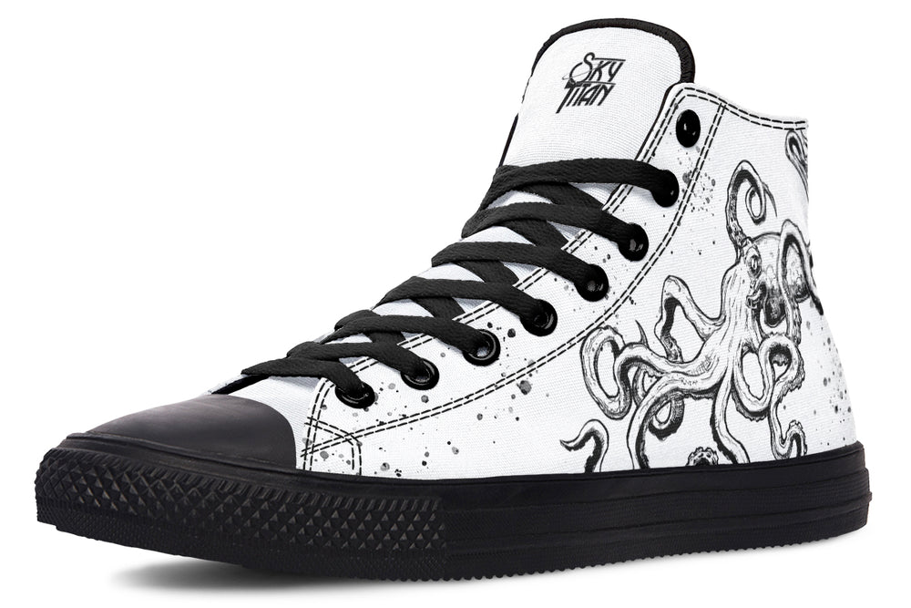 Side view of the black right sneaker from the Octopus Mismatched Edition, featuring intricate white octopus tentacles wrapping the canvas. The black-on-black detailing with white illustration delivers moody, refined contrast.