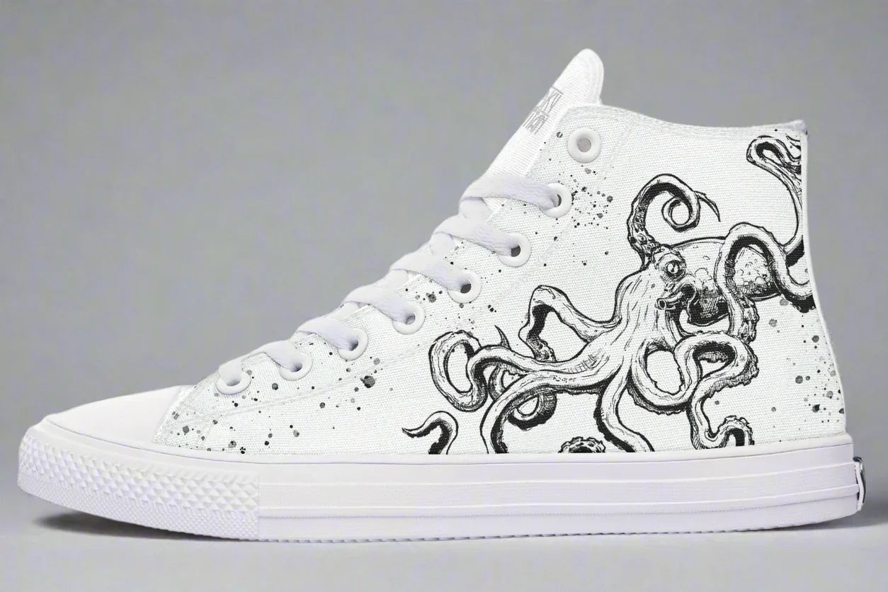 Side profile of the all-white Octopus White Out Edition sneaker, with black octopus line art winding across pure white canvas. White outsole, eyelets, and toe box emphasize the shoe’s refined, modernist minimalism—elevating the artwork into a high-concept statement for streetwear purists.