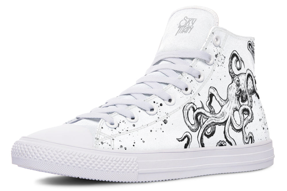 Side profile of the all-white Octopus White Out Edition sneaker, with black octopus line art winding across pure white canvas. White outsole, eyelets, and toe box emphasize the shoe’s refined, modernist minimalism—elevating the artwork into a high-concept statement for streetwear purists.