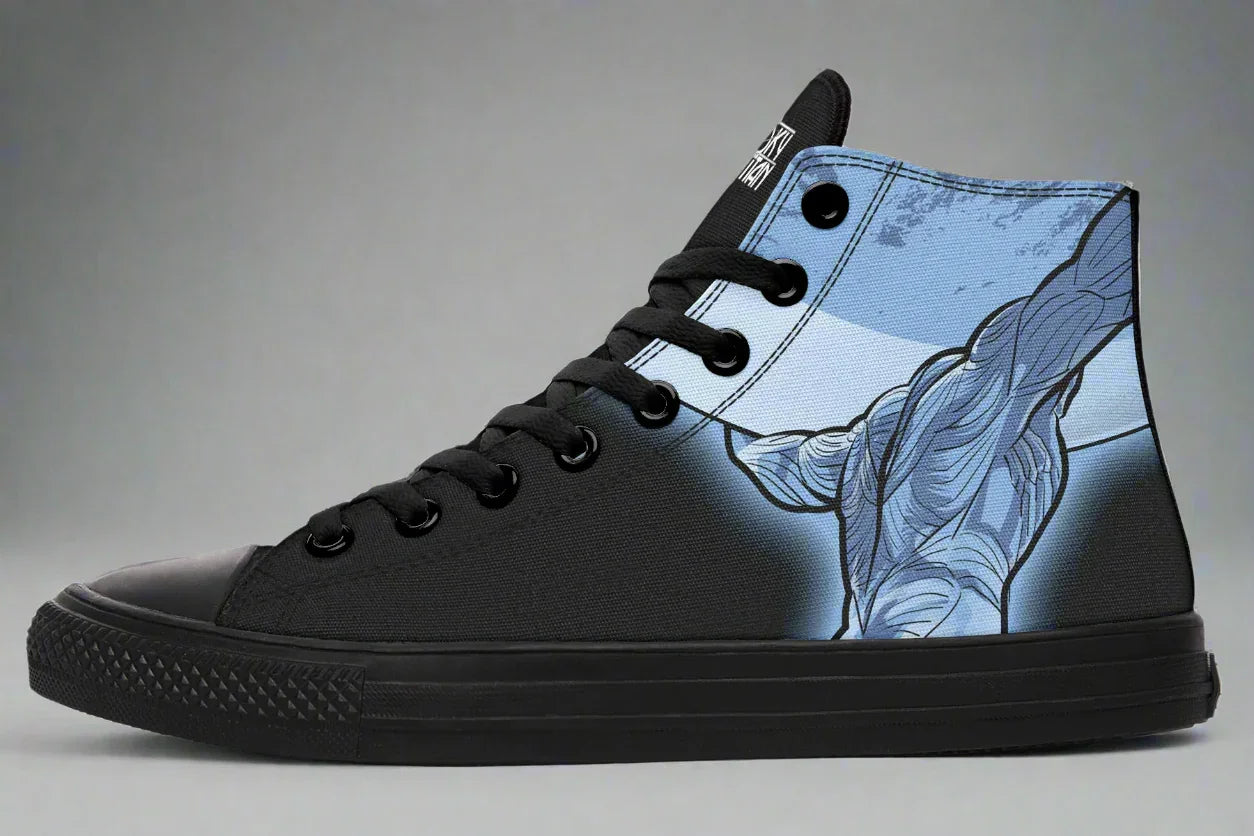 Black high-top sneaker featuring a blue-toned Atlas illustration on the outer side, depicted in comic-book style holding up the sky. The mythic figure brings visual power to the canvas silhouette. — Skybound design by Sky Titan Media, blending mythology-inspired visuals with streetwear rooted in independent music culture.