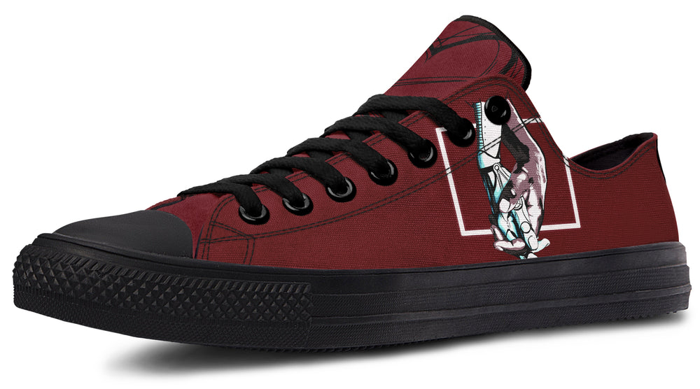 Red low-top sneakers featuring expressive line art of two reaching hands from the “July” single cover — July design by Tatiana Jitkoff and Sky Titan Media, inspired by a sci-fi love story and emotionally driven indie streetwear.