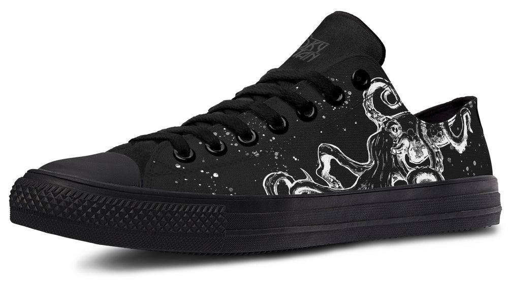 Black low-top sneakers with tonal white octopus artwork  – Octopus Blackout by Sky Titan Media, blending stealthy style with indie streetwear and deep-sea-inspired creativity.