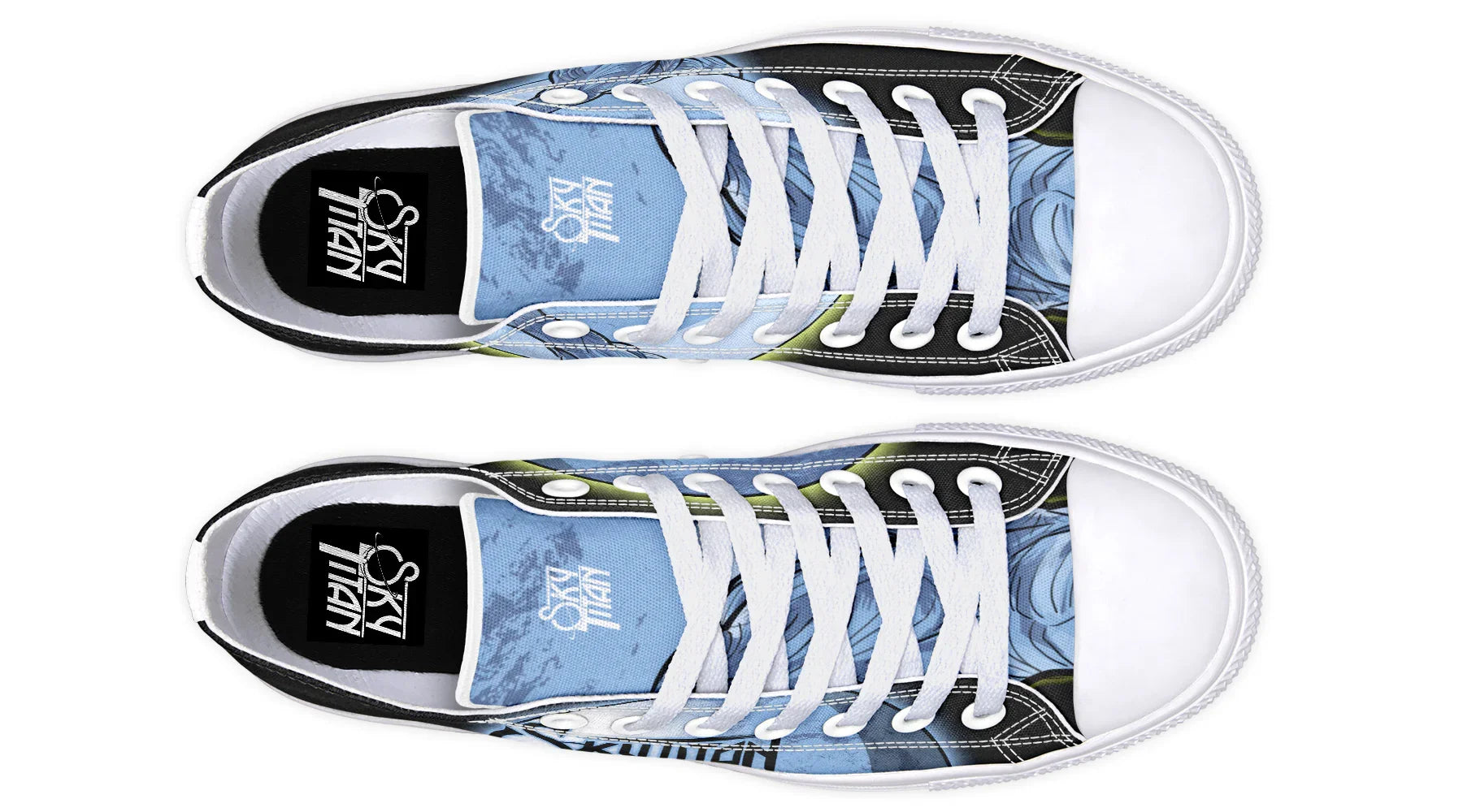 Black and white low-top canvas sneakers featuring Sky Titan Media’s Skybound design. The sides display blue-toned artwork of Atlas holding up the sky, now surrounded by swirling clouds and vivid neon yellow highlights that bring added motion and intensity. A white Sky Titan logo stands out on the tongue, paired with white midsoles, eyelets, and laces for a clean contrast against the black upper and toe cap. Blending mythology-inspired visuals with streetwear rooted in independent music culture.