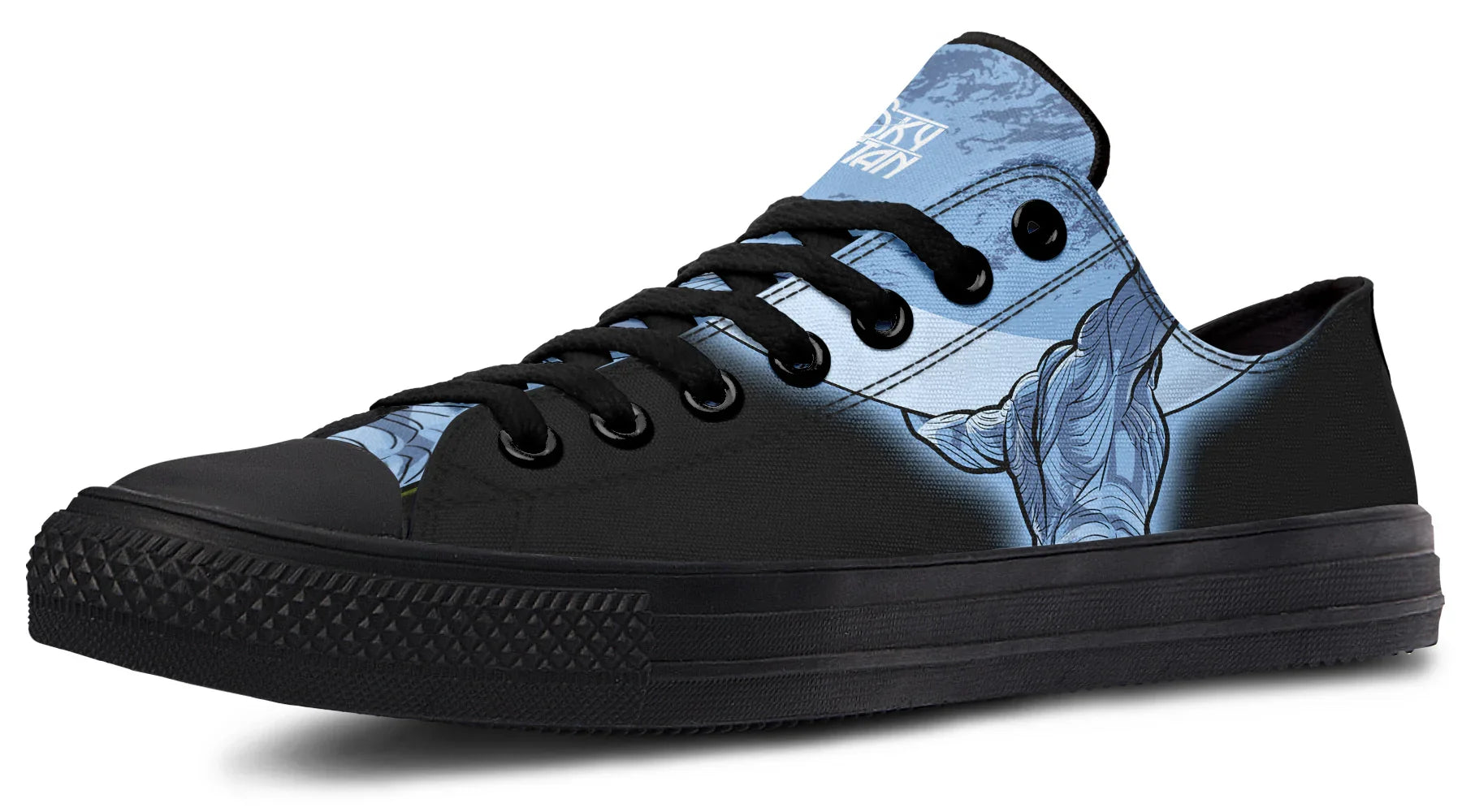 Black low-top sneakers featuring blue-toned artwork of Atlas holding up the sky – Skybound design by Sky Titan Media, blending mythology-inspired visuals with streetwear rooted in independent music culture.