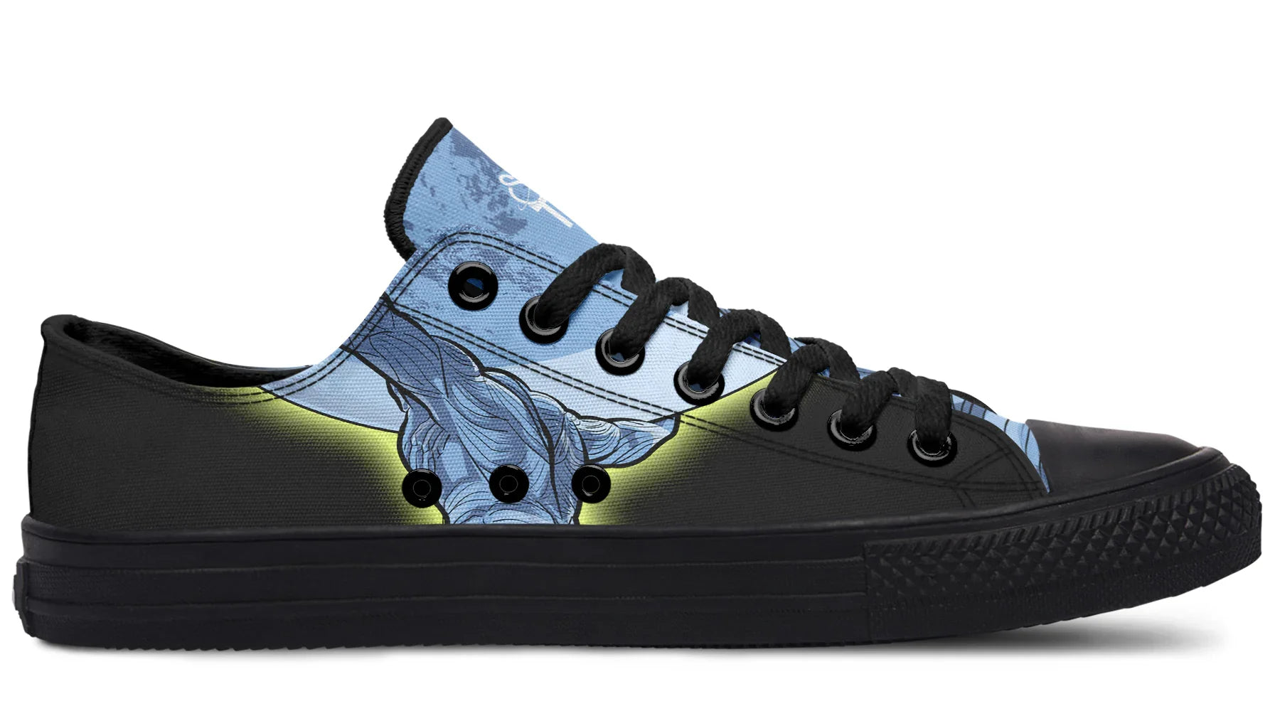 Black low-top sneakers featuring blue-toned artwork of Atlas holding up the sky – Skybound design by Sky Titan Media, blending mythology-inspired visuals with streetwear rooted in independent music culture.