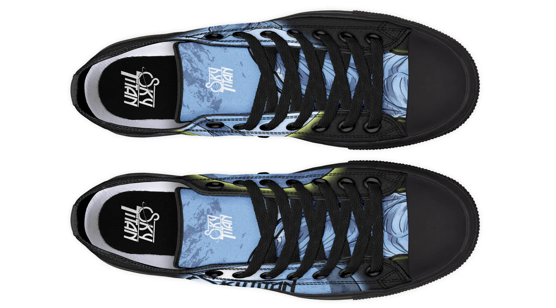 Black low-top canvas sneakers featuring Sky Titan Media’s Skybound design. The sides display a vivid blue artwork of swirling skies and cloud forms, accented by neon yellow highlights that add energy and depth. The tongue bears the white ‘Sky Titan’ logo for bold brand presence. Finished with black laces, eyelets, and rubber toe caps, this design merges mythology-inspired art with gritty streetwear style rooted in independent music culture.