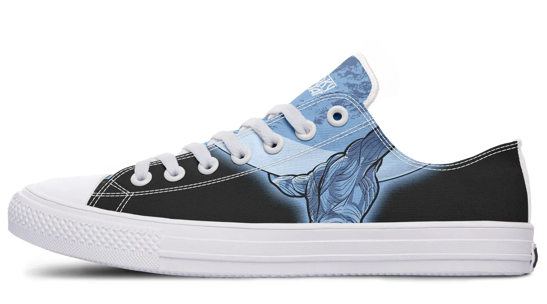 Black and white low-top sneakers featuring blue-toned artwork of Atlas holding up the sky — Skybound design by Sky Titan Media. This variant swaps in a white midsole, toebox, eyelets, and laces, giving the mythology-inspired design a bold contrast and lighter edge. The outer side displays the Sky Titan logo beneath a glowing moon, blending streetwear attitude with cosmic symbolism rooted in independent music culture.