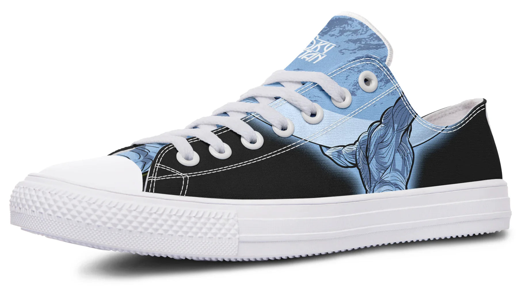 Black and white low-top sneakers featuring blue-toned artwork of Atlas holding up the sky — Skybound design by Sky Titan Media. This variant swaps in a white midsole, toebox, eyelets, and laces, giving the mythology-inspired design a bold contrast and lighter edge. The outer side displays the Sky Titan logo beneath a glowing moon, blending streetwear attitude with cosmic symbolism rooted in independent music culture.