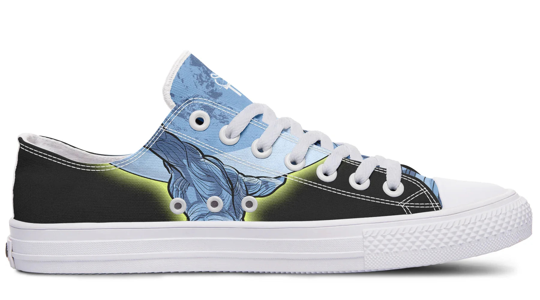 Black and white low-top sneakers featuring blue-toned artwork of Atlas holding up the sky — Skybound design by Sky Titan Media. This variant swaps in a white midsole, toebox, eyelets, and laces, giving the mythology-inspired design a bold contrast and lighter edge. The outer side displays the Sky Titan logo beneath a glowing moon, blending streetwear attitude with cosmic symbolism rooted in independent music culture.
