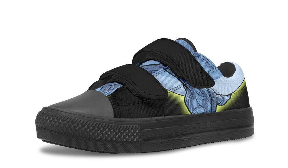 Kids’ black low-top sneaker with velcro straps featuring a blue comic-style illustration of Atlas lifting the sky on the outer panel. A visual symbol of strength, framed by functional streetwear structure. — Skybound design by Sky Titan Media, made for young dreamers with big imaginations and bold steps.
